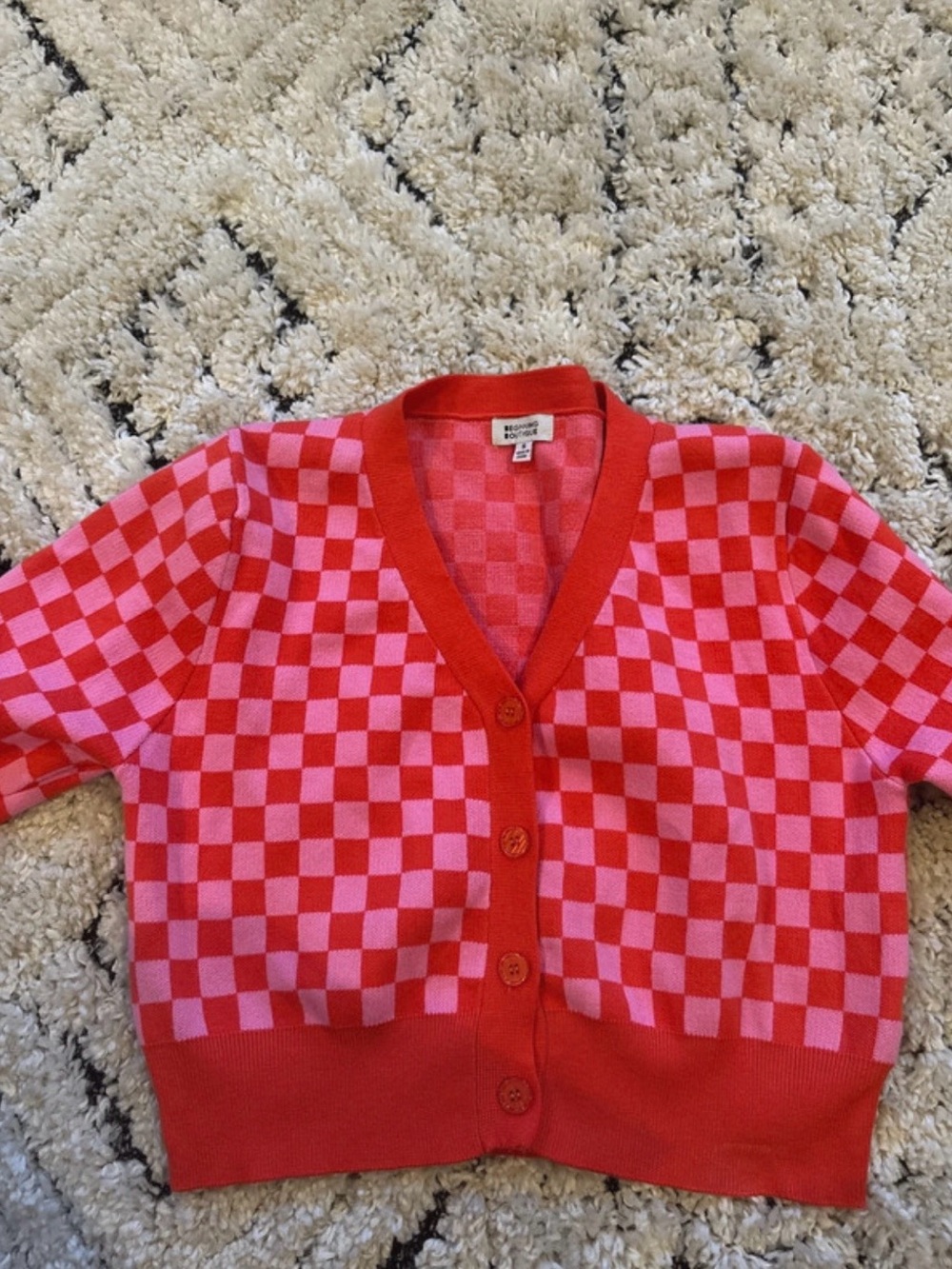 Beginning Boutique Red & Pink Checkerboard Button-Front Cardigan